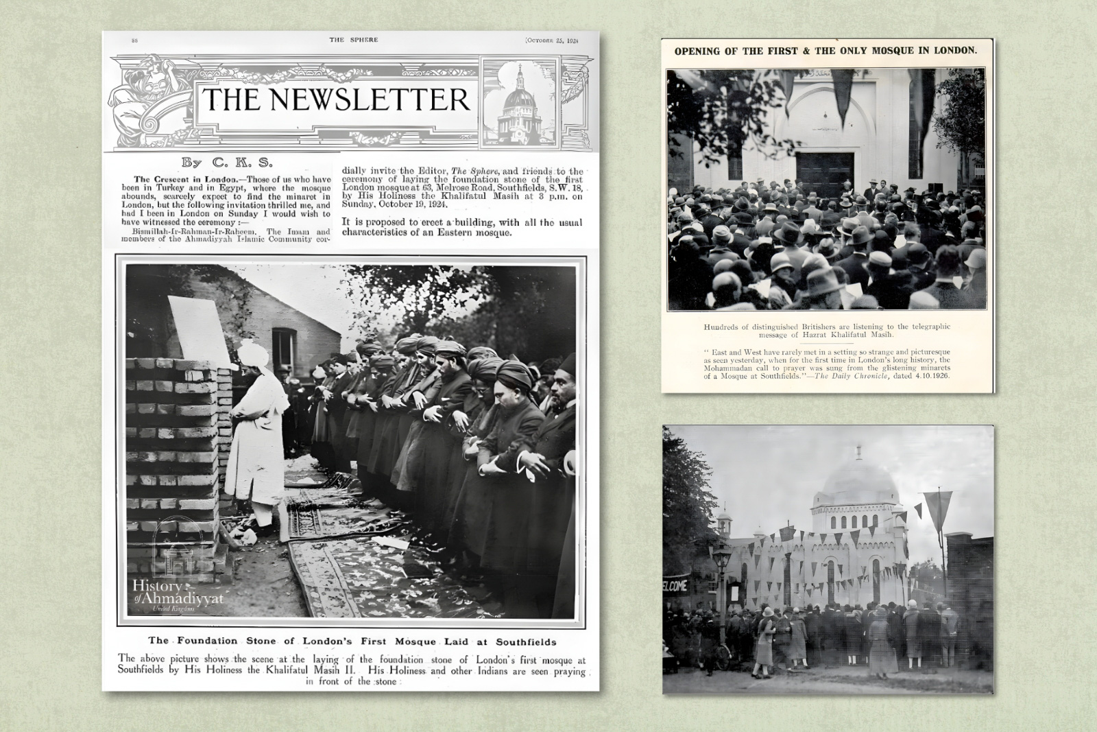 A photograph of a clipping from the Sphere newspaper, featuring story detailing the laying of the Fazl Mosque foundation stone, October 1924