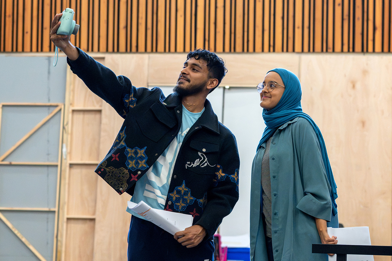 Kashif Ghole (Bilal) and Humera Syed (Hafsah) in rehearsals for Peanut Butter & Blueberries at Leeds Playhouse, October 2026. Photo by Robling Pix (5)