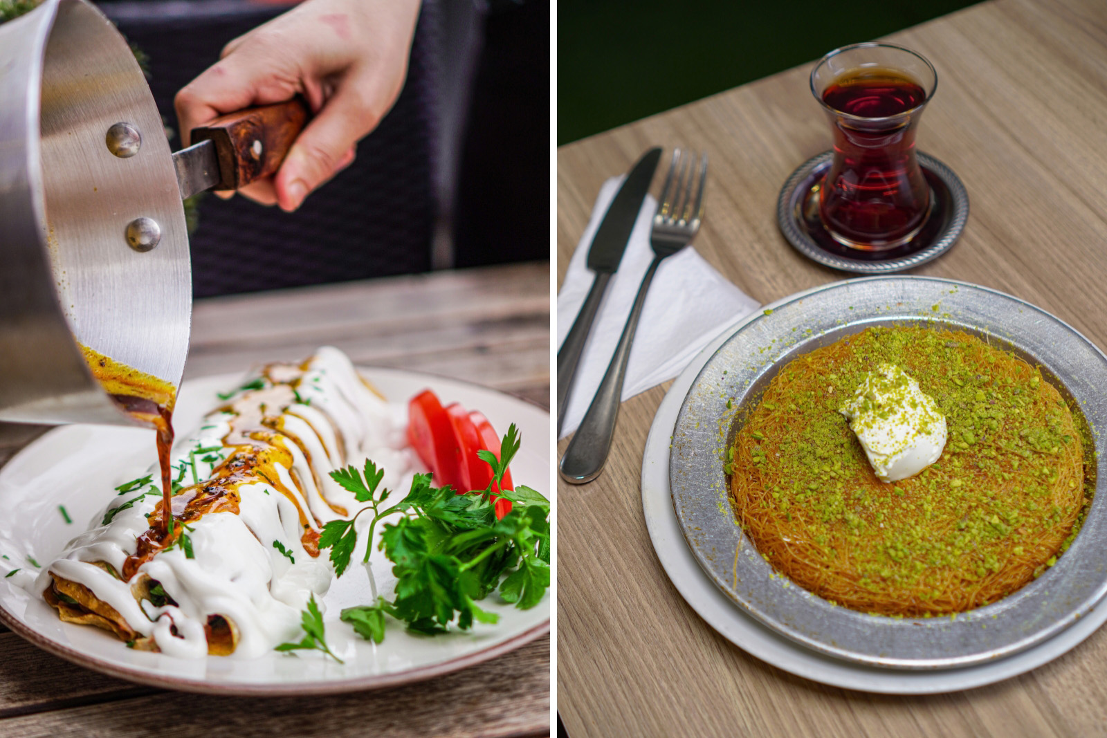 A composite image comprising two photographs of dishes from Mersin Tantuni restaurant, Dalston: on the left, lamb tantuni topped with strained yoghurt and spiced butter; and on the right, knafeh