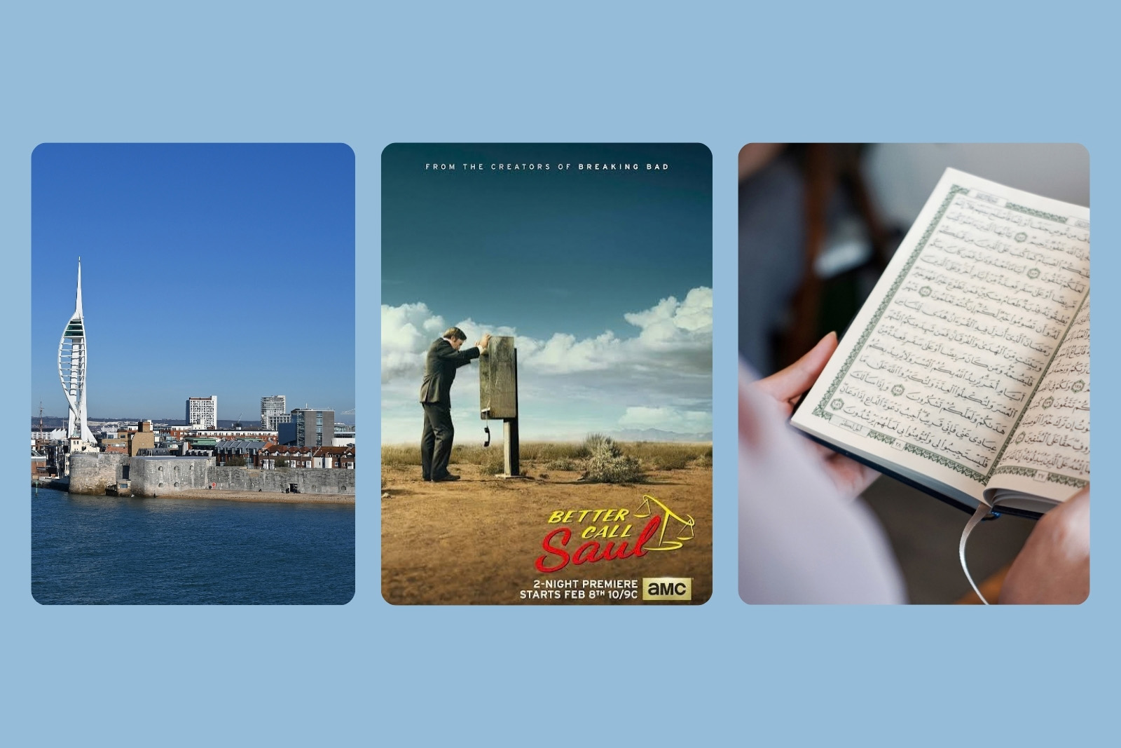 A composite image comprising photographs of three of comedian Ola Labib's favourite things, from left to right: Portsmouth, Better Call Saul, reading the Qur'an