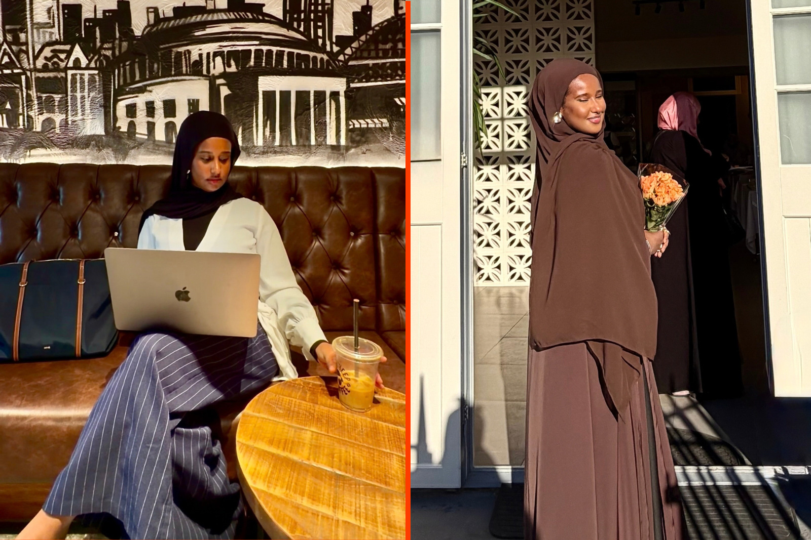A composite image featuring two photographs of Nafisa Darod: on the left, sitting with her laptop and an iced drink in what looks like a cafe or coffee shop; on the right, posing with flowers in her hand in the sunshine on the doorstep of a house