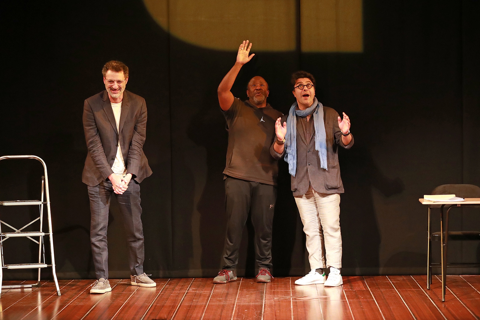 LONDON, ENGLAND - JUNE 08: (L to R) Omar Elerian, Lucian Msamati and Nassim Soleimanpour bow at the curtain call during the press night performance of "White Rabbit, Red Rabbit" at The Duchess Theatre on June 8, 2026 in London, England. (Photo by Grant Buchanan/Dave Benett/Getty Images)