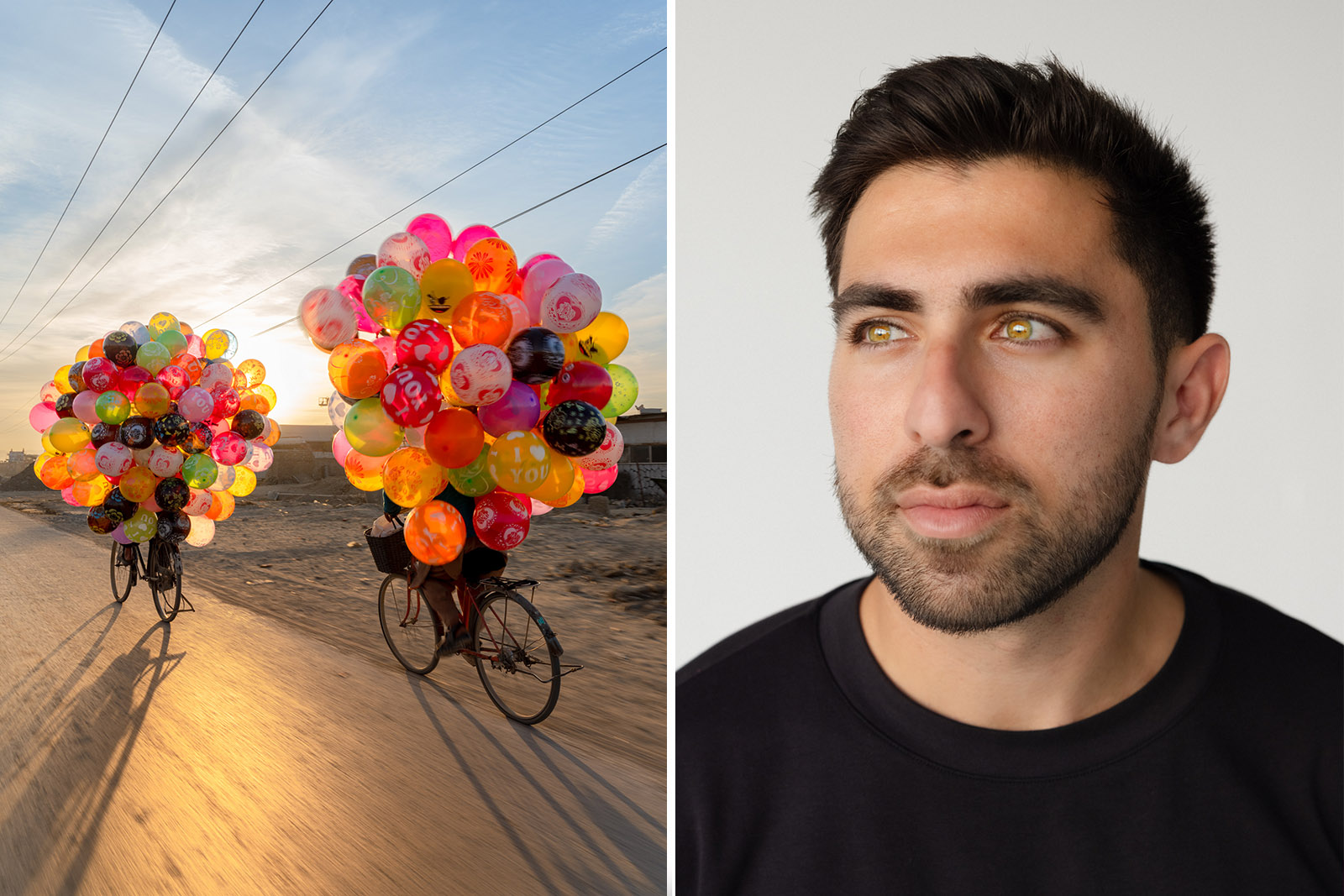 A composite image comprising two photographs: on the left, two cyclists hidden beneath enormous bunches of brightly coloured balloons, from Daniel Malikyar's new photobook Afghanistan; and on the right a portrait of the photographer himself